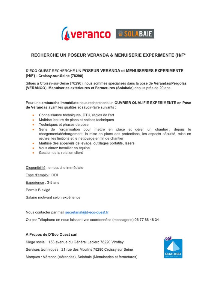 deco ouest recrutement poseur veranda